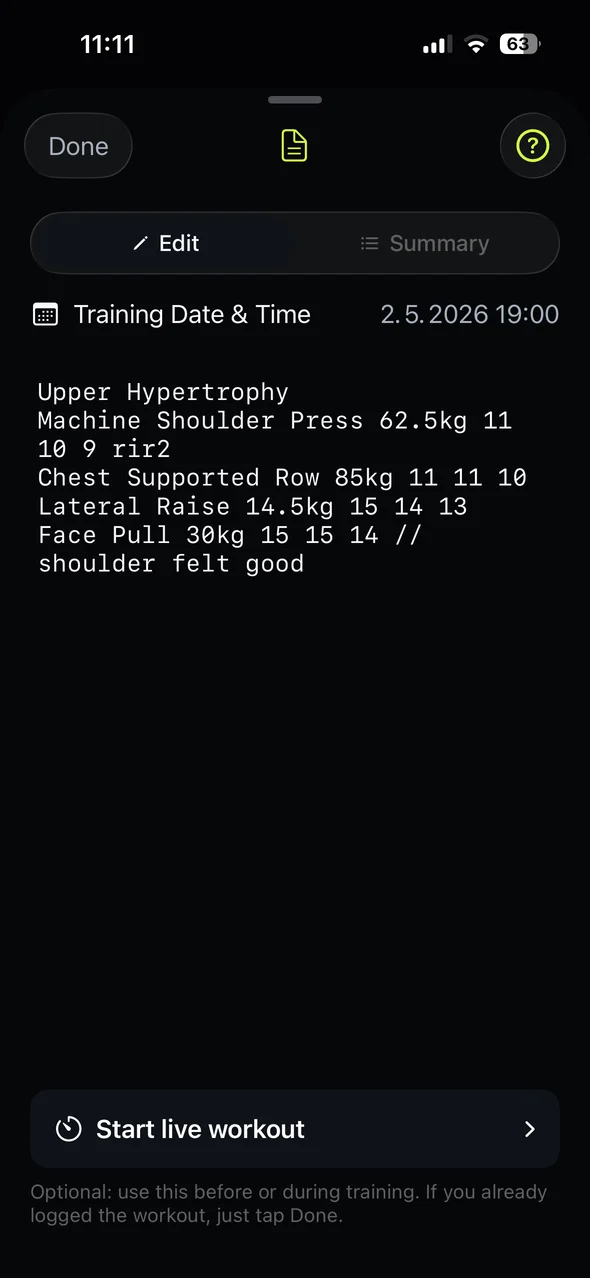 Repgrit Notes screen with natural workout text in dark mode.