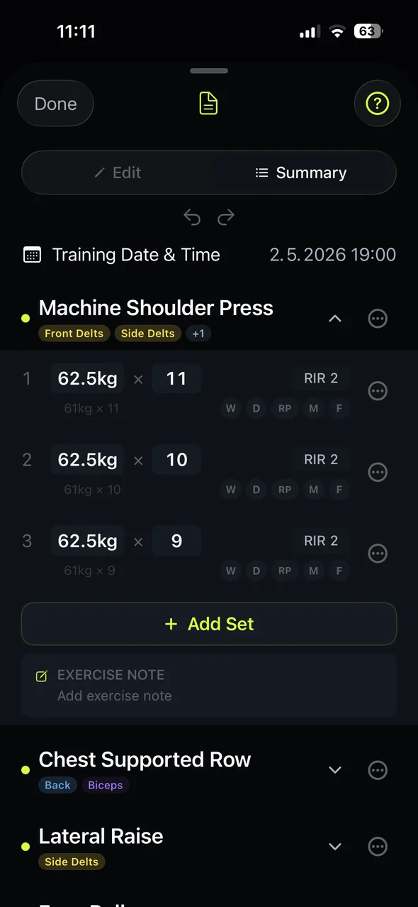 Repgrit Summary screen showing parsed exercises and editable sets in dark mode.